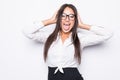 Frustration. Frustrated and stressed young businesswoman in suit. Beautiful young woman isolated on white background. Royalty Free Stock Photo