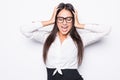 Frustration. Frustrated and stressed young businesswoman in suit. Beautiful young woman isolated on white background. Royalty Free Stock Photo