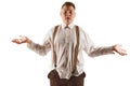 Frustration, resentment. Overweight boy in white shirt and suspenders isolated over white studio background. Concept of