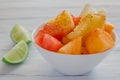 Fruta con chile, mexican snack Bowl of healthy fresh fruit salad