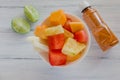 Fruta con chile, mexican snack, Bowl of healthy fresh fruit salad Royalty Free Stock Photo