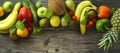 Fruti and vegetables background. Different fruits and vegetables over wooden background. Banner. Copy space Royalty Free Stock Photo