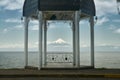 Frutillar Jetty view and town at Llanquihue lake and Osorno Volcano. Puerto Varas, Chile, South America. Royalty Free Stock Photo