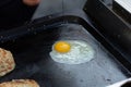 Fry an Egg on pan. Taiwan`s popular breakfast. Chef cooking fried egg menu. Street food  asian Royalty Free Stock Photo