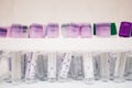 Fryazino, Russia - 06 11 2018: multi-colored tubes for blood, medical items, biomaterial collection, doctor's office concept Royalty Free Stock Photo