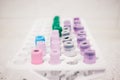 Fryazino, Russia - 06 11 2018: multi-colored tubes for blood, medical items, biomaterial collection, doctor's office concept Royalty Free Stock Photo