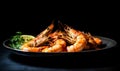 Fryed shrimp on plate. Grilled tiger shrimp on black plate. generative ai