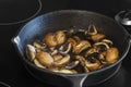 Frying chestnut mushrooms in a cast iron frying pan, on an electric stove Royalty Free Stock Photo