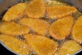 Frying classic breaded chicken pane cuisine in deep oil background, selective focus of chicken pane, tenders, fillet or goujons