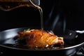 frying duck in large pan, frying oil sizzling and spattering Royalty Free Stock Photo