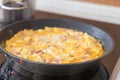 Frying Egg Omelet with Ham in a Pan Royalty Free Stock Photo