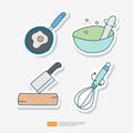 Frying Egg on Pan, Mortar and Pestle, Meal Big Knife, Hand Mix Whisk. Cooking Doodle Sticker Icon Set Vector Illustration