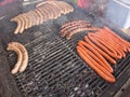 Grill frying fresh meat barbecue sausages, BBQ picnic sandwich store Royalty Free Stock Photo