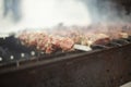 Frying meat on fire. Meat strung on blade. Outdoor kitchen Royalty Free Stock Photo