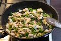 Frying pan with asparagus and meat