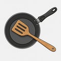 A frying pan with a black non-stick surface and a black handle is depicted Royalty Free Stock Photo