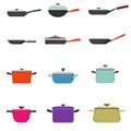 Frying pan and cooking pot set. Kitchen pots and different pans with solid and flat color style. Vector illustration.