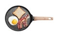 Frying pan with delicious fried egg, bacon and toast isolated on white, top view Royalty Free Stock Photo