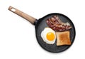 Frying pan with delicious fried egg, bacon and toast isolated on white, top view Royalty Free Stock Photo