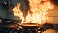 Frying pan with flames leaping from it in a dramatic kitchen accident showcasing fire hazard Royalty Free Stock Photo