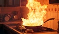 Frying pan with flames leaping from it in a dramatic kitchen accident showcasing fire hazard Royalty Free Stock Photo