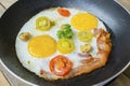 Frying pan with fried bacon and egg Royalty Free Stock Photo