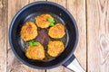 Frying pan with fried cutlets on wooden table Royalty Free Stock Photo