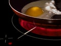 Frying pan with fried eggs on the electric furnace