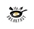 Frying pan with fried eggs, salt cellar and fork, logo design. Breakfast, restaurant, snack bar, fast food, organic and natural fo