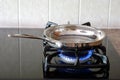 Frying pan on a gas stove Royalty Free Stock Photo