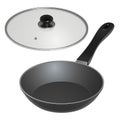 A frying pan with a glass lid and a plastic handle