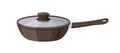 Frying pan with handle and glass lid. Cast iron frypan for cooking. Titanium skillet closed with cover, cap. Kitchen