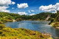 Frying pan lake view with steam in Waimangu volcanic valley park in Rotorua Royalty Free Stock Photo