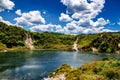 Frying pan lake view with steam in Waimangu volcanic valley park in Rotorua Royalty Free Stock Photo