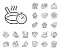 Frying pan line icon. Cooking timer sign. Food preparation. Crepe, sweet popcorn and salad. Vector