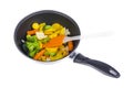 Frying pan with mix of frozen vegetables, isolated on white background. Royalty Free Stock Photo