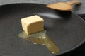 Frying pan with piece of melting butter and spatula