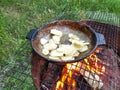 Frying pan with potatoes fried on the grill Royalty Free Stock Photo