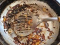 Frying pan with the remains of burnt scrambled eggs Royalty Free Stock Photo