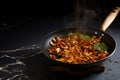 Frying pan with roasted chanterelles and dill, on black marble kitchen countertop. Fried wild mushrooms. Generative AI