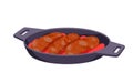 Frying pan with sausages in tomato sauce, cast iron skillet with handles and cooked meat