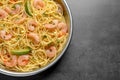 Frying pan with spaghetti and shrimps Royalty Free Stock Photo