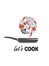 Frying pan with tomatos mushrooms peppers. Vector illustration and words lets cook