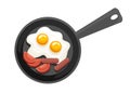 Frying pan, top view. Pan with fried egg, tomatoes and sausages. Flat vector illustration isolated on white background Royalty Free Stock Photo