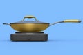 Frying pan or wok with glass lid on portable camping electric stove