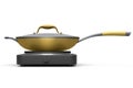 Frying pan or wok with glass lid on portable camping electric stove Royalty Free Stock Photo