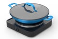 Frying pan or wok with glass lid on portable camping electric stove Royalty Free Stock Photo