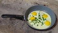 Frying pan on a wood stove with fried eggs with yolks.