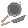 Frying pans (side and top view) isolated on a white background. Color line art. Cookware retro design.