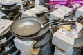 Frying pans on a supermarket shelf or showcase. Illustrative editorial. March 18, 2022 Balti Moldova